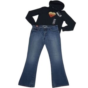 GAP Tall Flare Denim Jeans Mid Waist Rise Distressed Whiskered Long Dark Wash